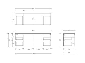 Technical Drawing - Posh Domaine Conventional 1500mm Wall Hung Vanity Centre Basin 20mm Top