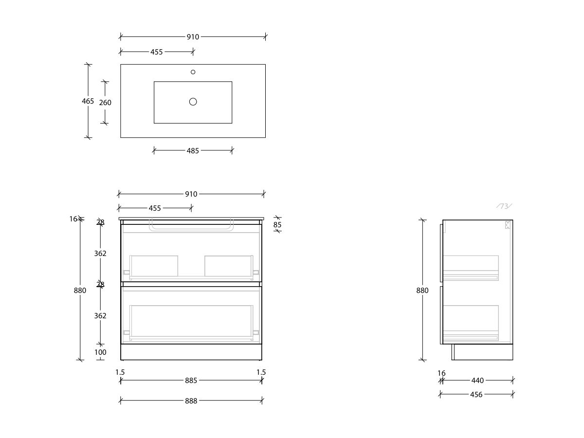 Posh Domaine AllDrawer Twin 900mm Floor Mounted Vanity Unit Ceramic