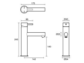 Technical Drawing - Scala Medium Basin Mixer Tap with 130mm Outlet