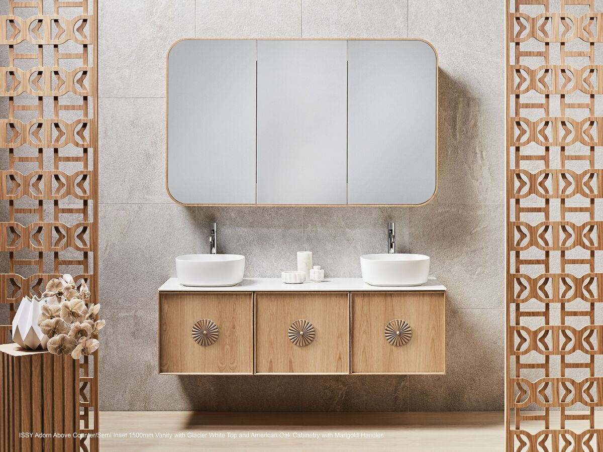 Adorn 2 vanity with Rosette handle and Cloud shaving cabinet landscape - American Oak