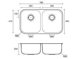 Technical Drawing - Posh Solus MK3 Double Bowl Undermount Sink Stainless Steel