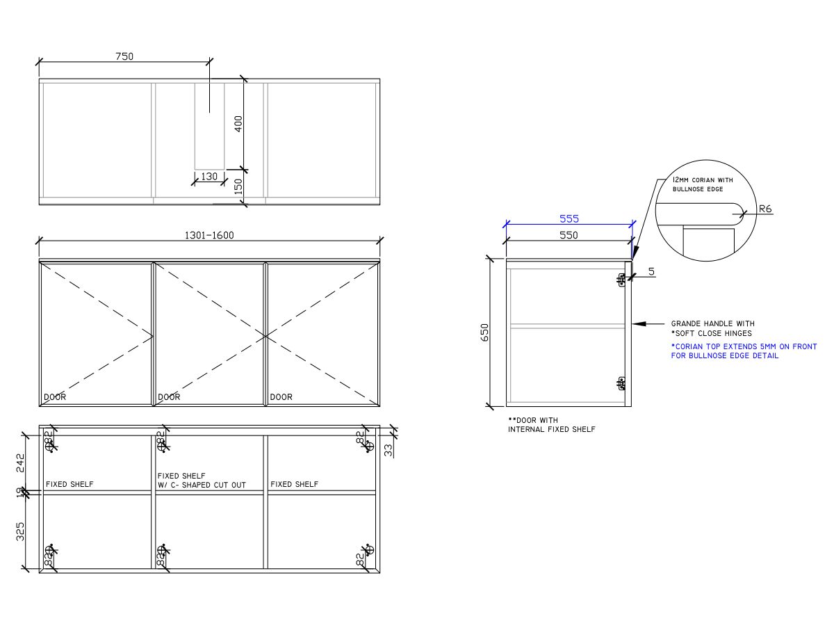 ISSY Adorn Undermount Wall Hung Vanity Unit with Three Doors & Internal Shelf with Grande Handle 1301-1600mm x 550mm x 650mm CENTERED (CENTRE LEFT)