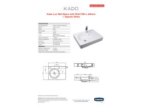 Specification Sheet - Kado Lux Wall Basin with Shelf 580 x 440mm 1 Taphole White