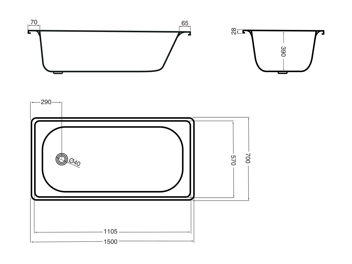 Base Pressed Steel Bath 1500 x 700mm White from Reece