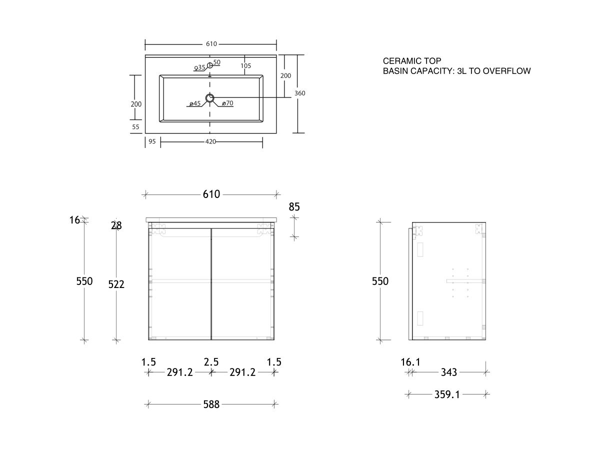 Posh Domaine Plus 600mm Ensuite Wall Hung Vanity Unit Ceramic Top from