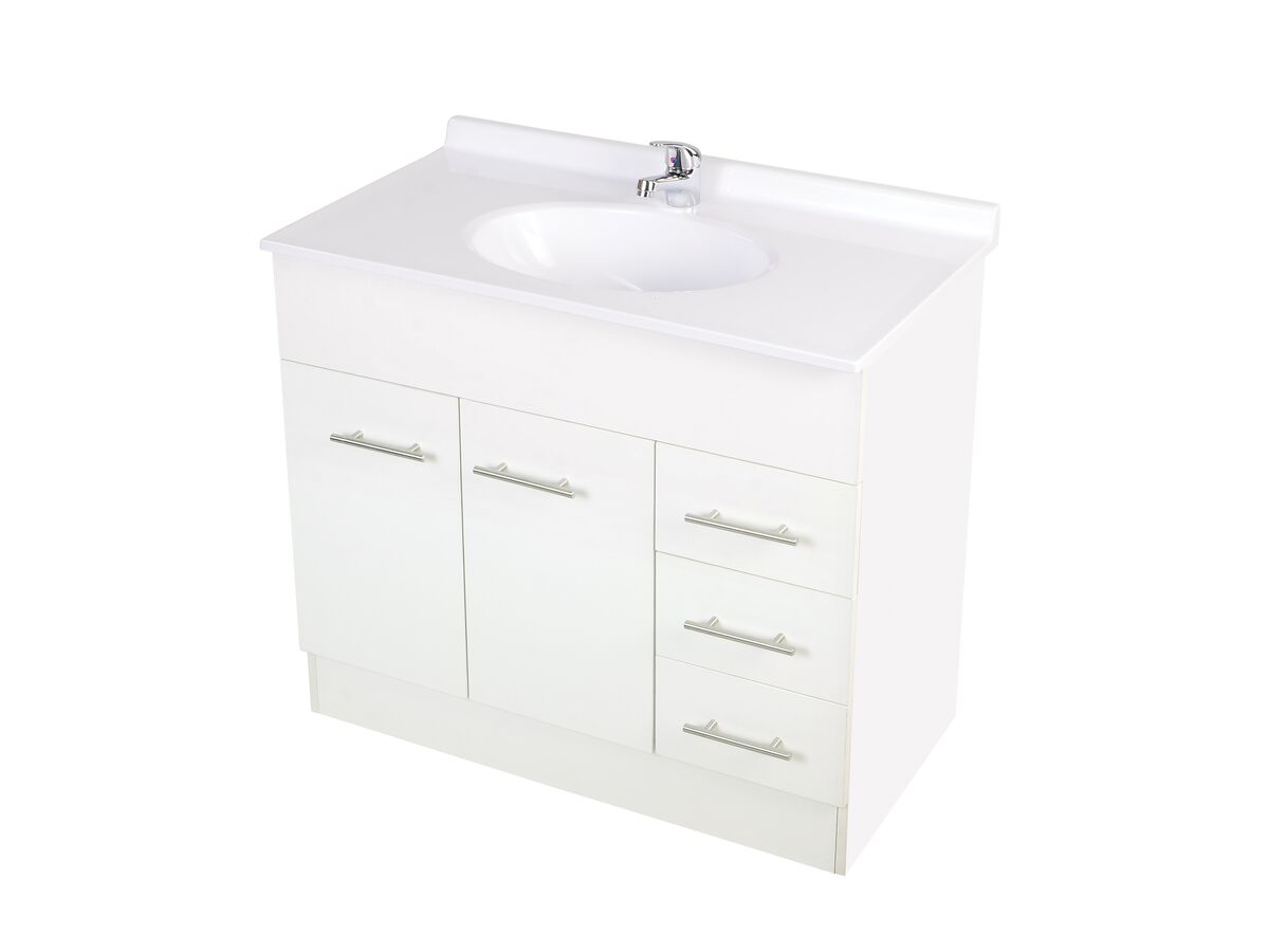 VeeBath Sobek Minimalist High Gloss White 1000mm Vanity Sink Unit with Waterfall Designer Chrome Basin Mixer Tap Waste