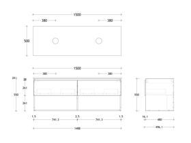 Posh Domaine Plus Shelf All-Drawer 1500 Double Bowl Wall Hung Vanity Unit Caesarstone Top