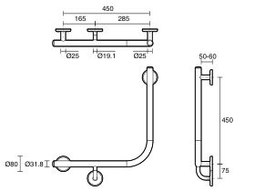 Mizu Drift 450 x 450 x 90deg Ambulant Toilet Grab Rail Left Hand