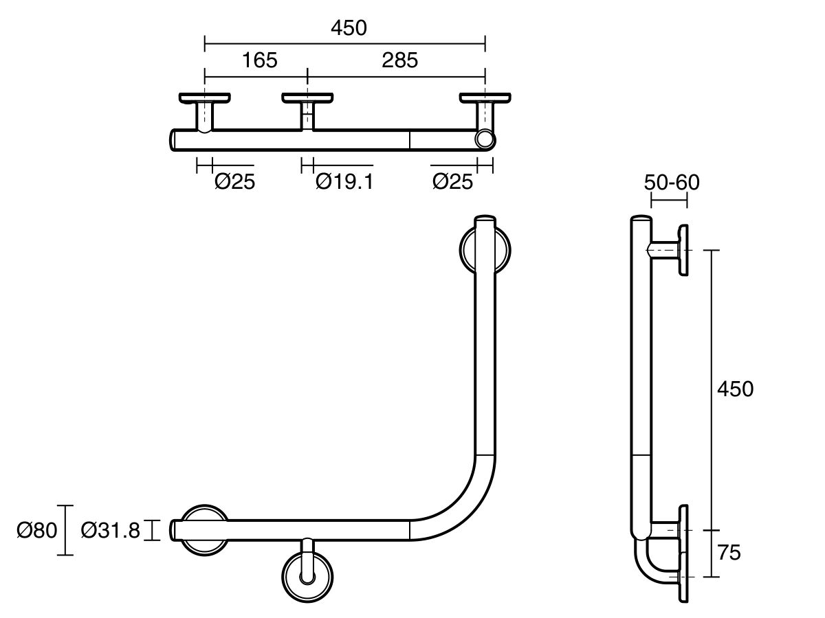 Mizu Drift 450 x 450 x 90 Degree Ambulant Toilet Grab Rail Left Hand
