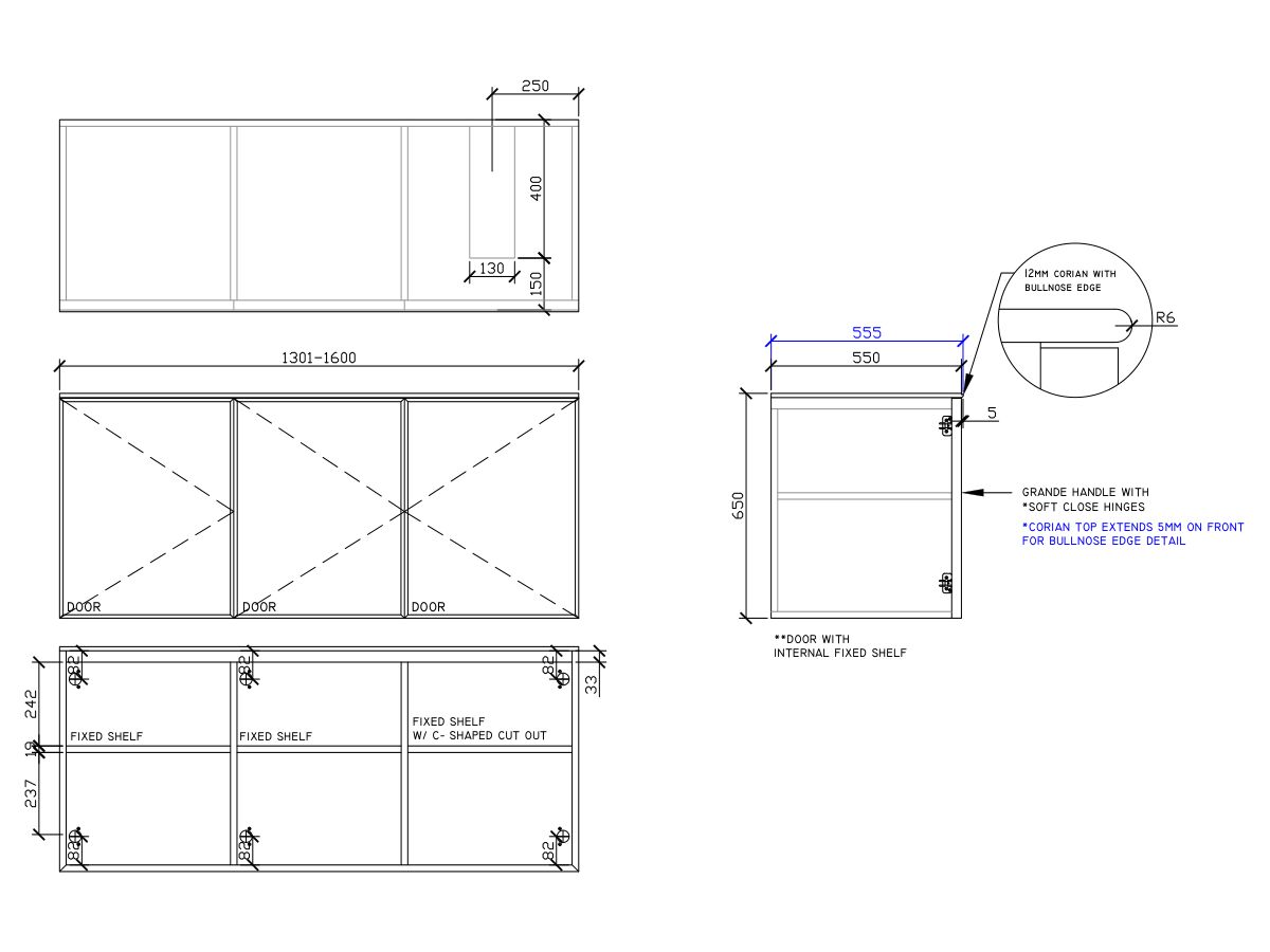ISSY Adorn Undermount Wall Hung Vanity Unit with Three Doors & Internal Shelf with Grande Handle 1301-1600mm x 550mm x 650mm OFFSET RIGHT (CENTRE LEFT)
