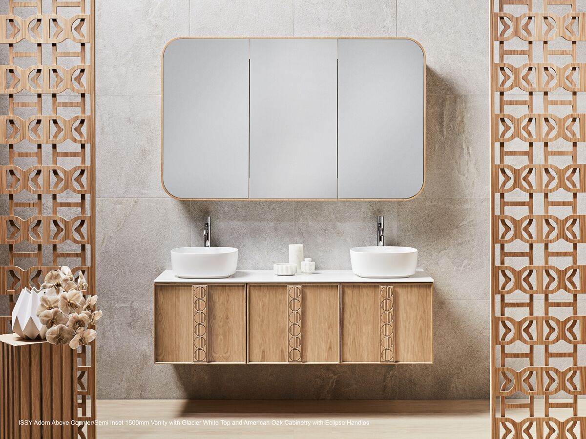 Adorn 2 vanity with Grace handle and Cloud shaving cabinet landscape - American Oak