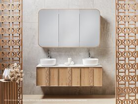 In Situ - Adorn 2 vanity with Grace handle and Cloud shaving cabinet landscape - American Oak