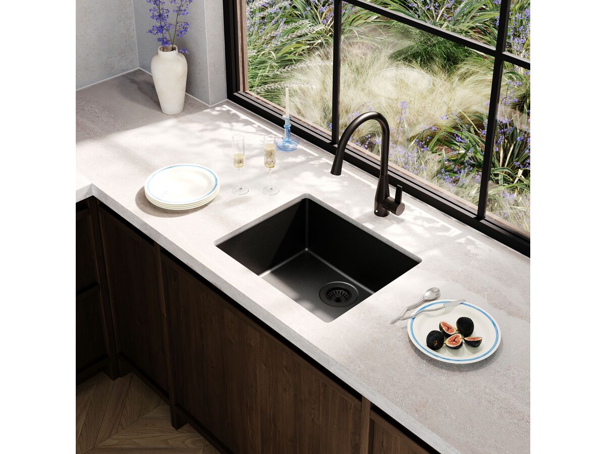 Memo Freya Extended Single Bowl Sink No Taphole Granite Black