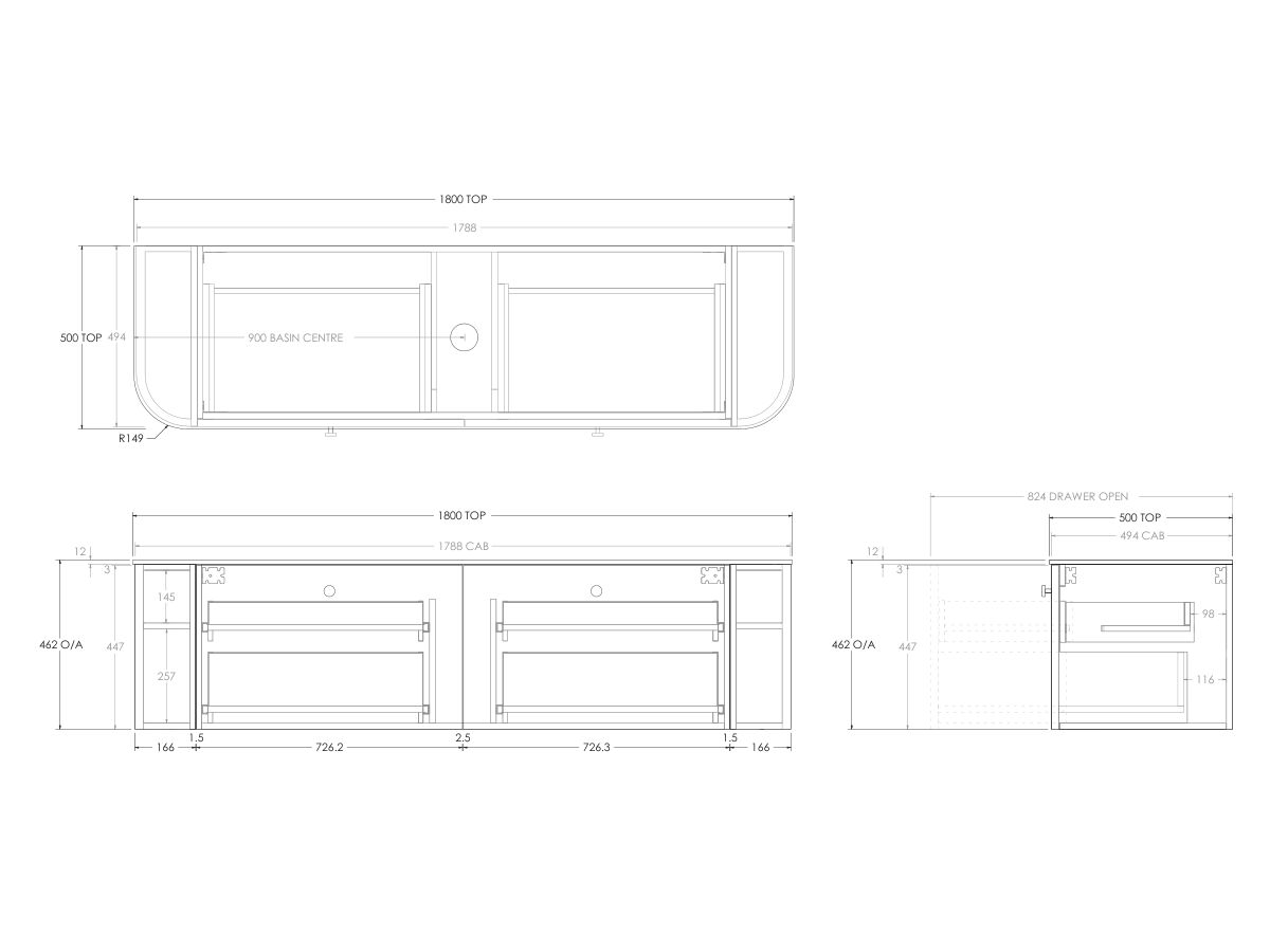 Kado Era 12mm Durasein Top Double Curve All Drawer 1800mm Wall Hung Vanity with Center Basin