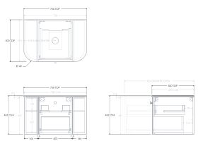 Technical Drawing - Kado Era 12mm Durasein Top Double Curve All Drawer 750mm Wall Hung Vanity with Center Basin
