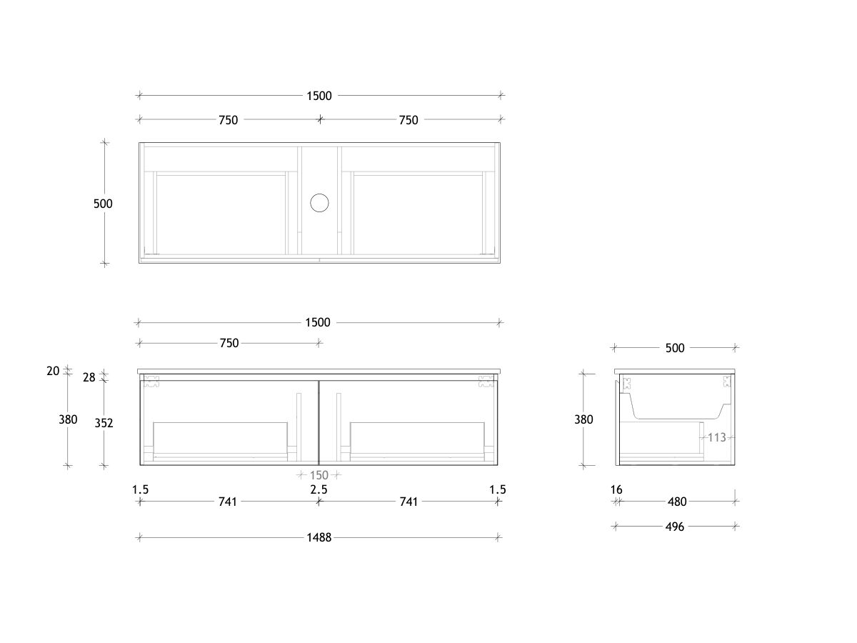 Technical Drawing - Posh Domaine All Drawer 1500mm Wall Hung Vanity Centre Basin 20mm Top