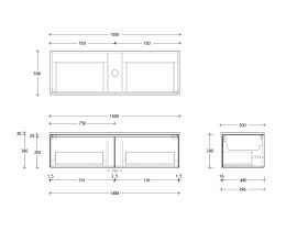 Technical Drawing - Posh Domaine All Drawer 1500mm Wall Hung Vanity Centre Basin 20mm Top