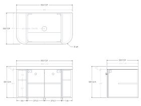 Technical Drawing - Kado Era 50mm Durasein Statement Top Double Curve All Door 900mm Wall Hung Vanity with Center Basin