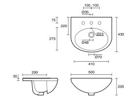 Base Semi Recessed Basin 3 Tapholes 500mm White