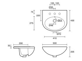 Technical Drawing - Base Semi Recessed Basin 3 Tapholes 500mm White