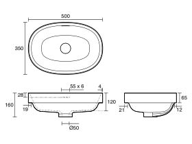 Technical Drawing - Kado Lussi Thin Edge Oval Semi Inset Basin with Solid Surface Plug and Waste 500mm