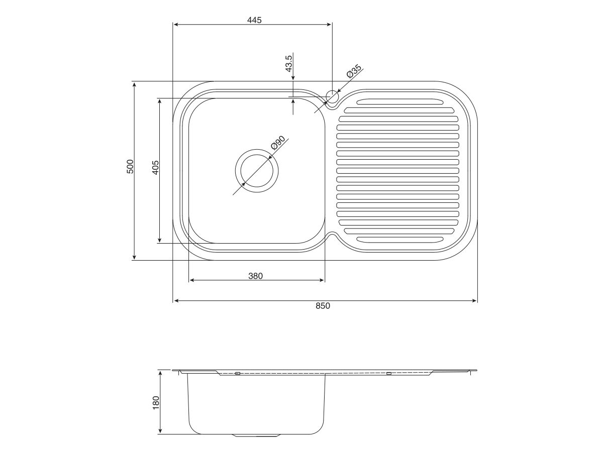 Base MK3 Single Bowl Sink 1 Taphole Left Hand Bowl 850mm Stainless