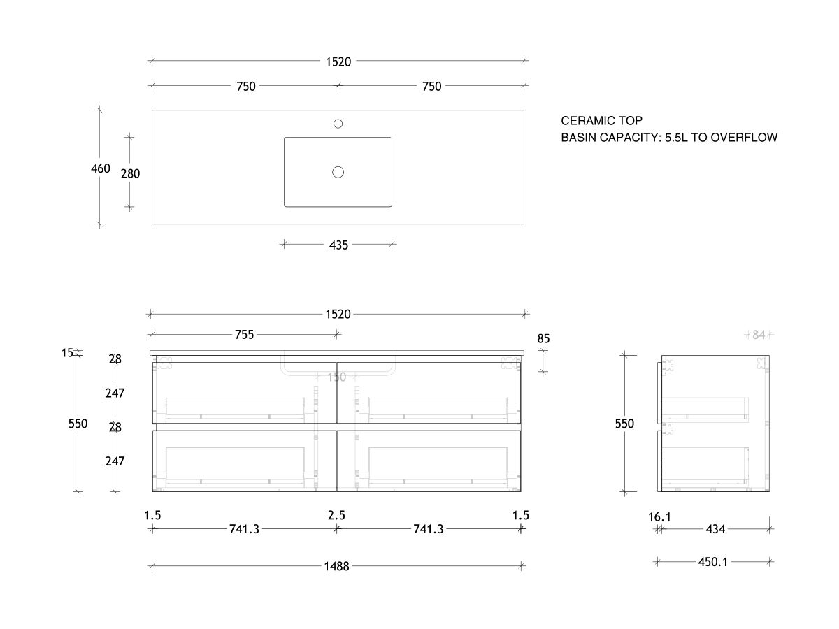 Posh Domaine Plus 1500mm Wall Hung Twin Vanity Unit AllDrawer Single