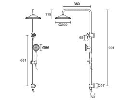 Technical Drawing - Kado Era Twin Rail Shower with Top Rail Water Inlet Lever Handle