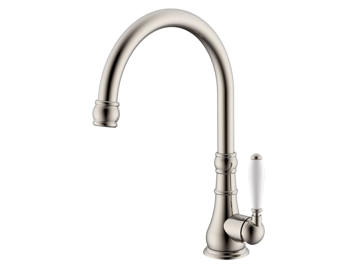Milli Voir Gooseneck Sink Mixer Tap Large Porcelain Handle Brushed