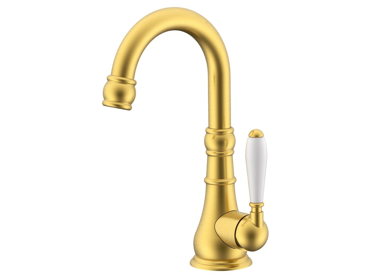 Milli Voir Gooseneck Basin Mixer Tap Porcelain Handles Brushed Gold (4