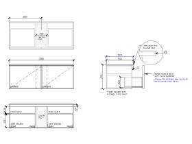 Technical Drawing - ISSY Adorn Above Counter / Semi Inset Wall Hung Vanity Unit with Two Drawers & Internal Shelves with Grande Handle 1200mm x 500mm x 450mm CENTERED