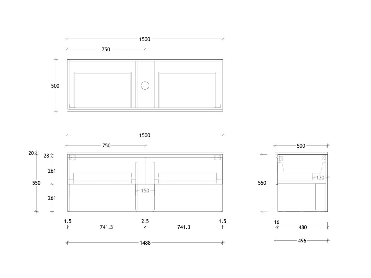 Technical Drawing - Posh Domaine All Drawer with Shelf 1500mm Wall Hung Vanity Centre Basin 20mm Top