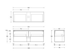 Technical Drawing - Posh Domaine All Drawer with Shelf 1500mm Wall Hung Vanity Centre Basin 20mm Top