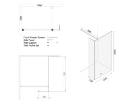 Kado Lux Fixed Shower Screen Panel with Side Panel and Wall Support 1200mm Chrome