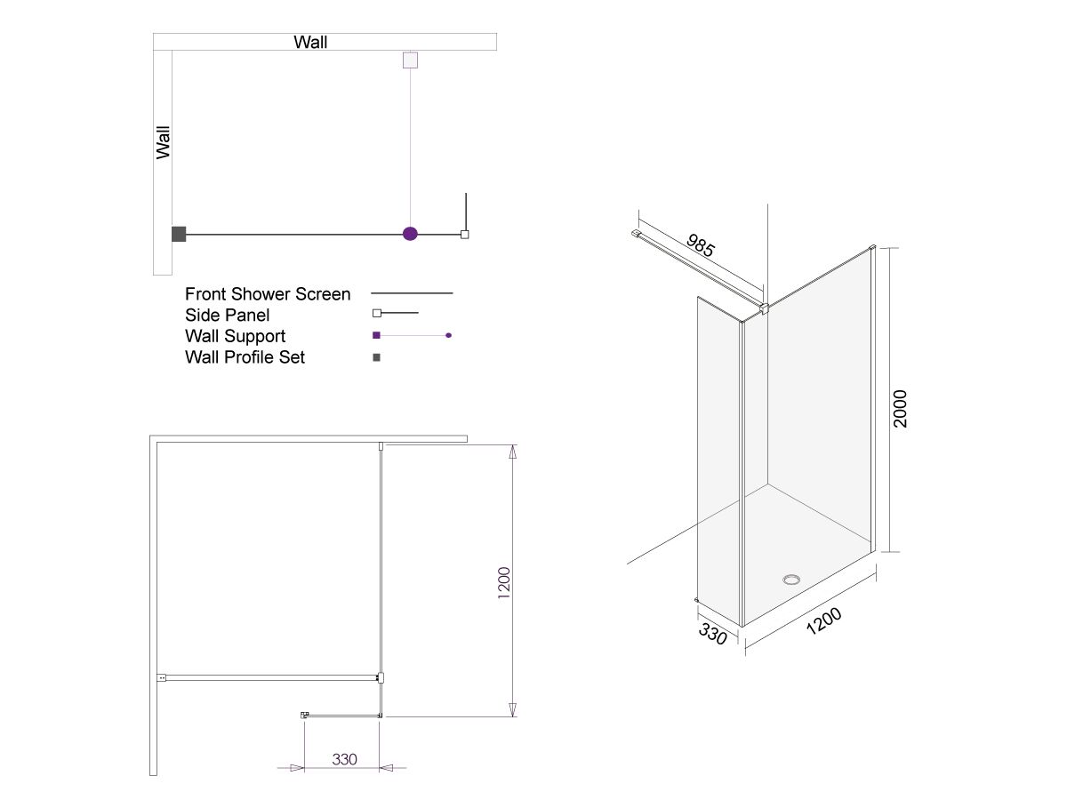 Kado Lux Fixed Shower Screen Panel with Side Panel and Wall Support