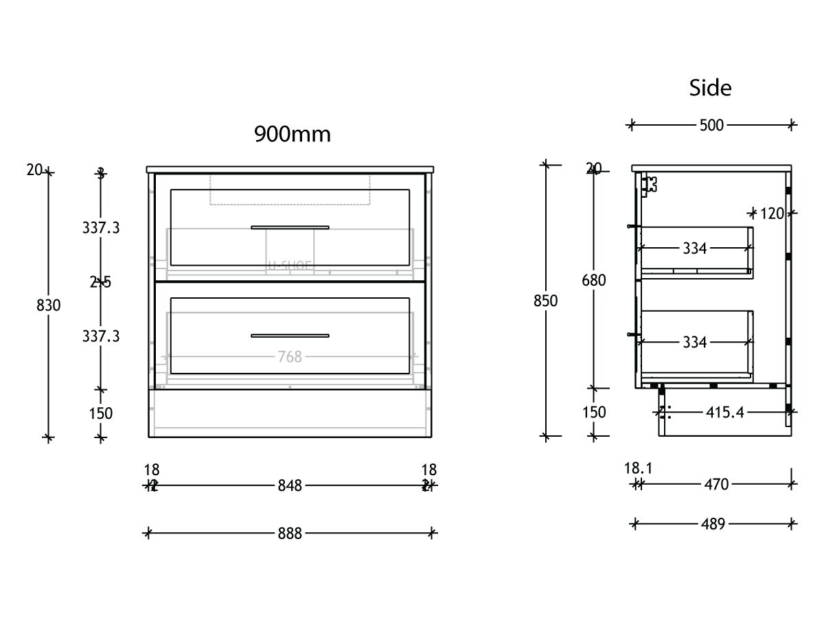 Kado Lux 900mm All Drawer Floor Mounted Vanity Unit 2 Drawers Single
