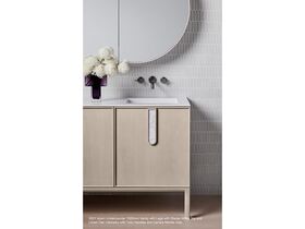 Adorn 1 vanity with Eclipse handle and Blossom shaving cabinet landscape - Charcoal Oak