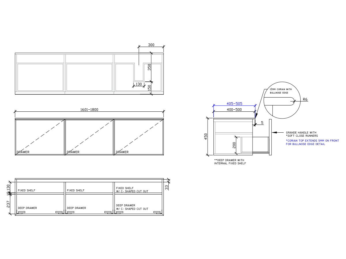 ISSY Adorn Above Counter / Semi Inset Wall Hung Vanity Unit with Three Drawers & Internal Shelves with Grande Handle 1601-1800mm x 400-500mm x 450mm OFFSET RIGHT