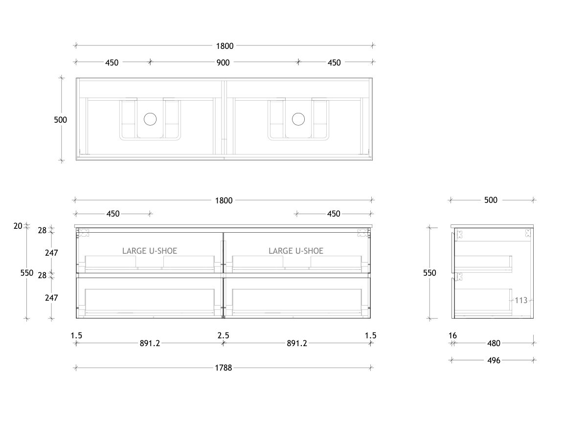 Technical Drawing - Posh Domaine All Drawer Twin 1800mm Wall Hung Vanity Double Basin 20mm Top