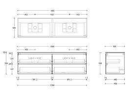 Technical Drawing - Posh Domaine All Drawer Twin 1800mm Wall Hung Vanity Double Basin 20mm Top