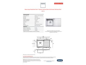 Specification Sheet - Memo Hugo Single Bowl Sink 1 Taphole Left Hand Bowl with Drainer Stainless Steel