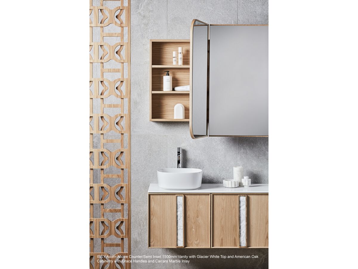 Adorn 2 vanity with Marigold handle and Cloud shaving cabinet landscape - American Oak