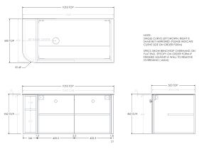 Technical Drawing - Kado Era 12mm Durasein Top Single Curve All Door 1050mm Wall Hung Vanity with Left Hand Basin