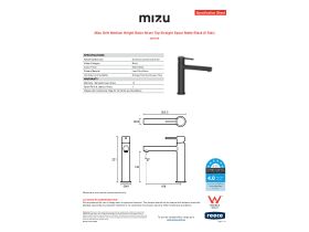 Specification Sheet - Mizu Drift Medium Height Basin Mixer Tap Straight Spout Matte Black (6 Star)
