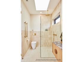 In Situ - Mizu Drift Brass Overhead Shower 300mm Brushed Gold, Mizu Soothe Vertical Heated Towel Rail Brushed Gold, Milli Meld Microphone Handshower Brushed Gold, Mizu Drift MK2 Shower Mixer in Brushed Gold and Hideaway+ Round Button Metal in Brushed Gold