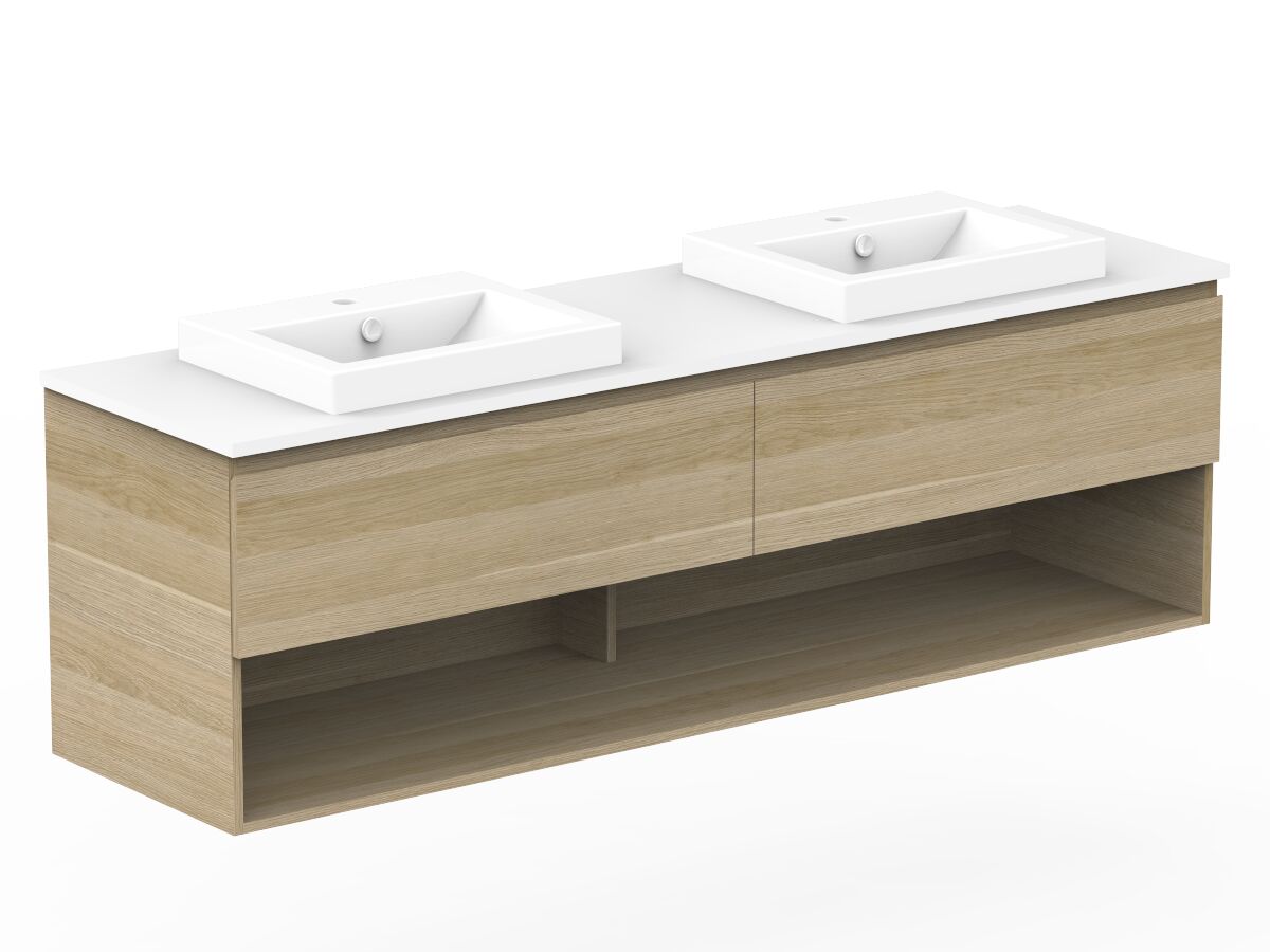 Posh Domaine Plus Shelf AllDrawer 1800 Double Bowl Wall Hung Vanity