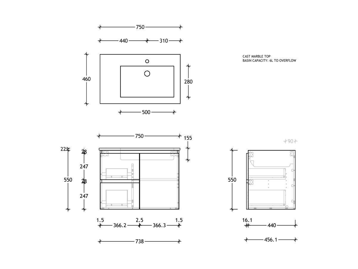 Posh Domaine Conventional 750mm Wall Hung Vanity Cast Marble Right Hand Basin from Reece