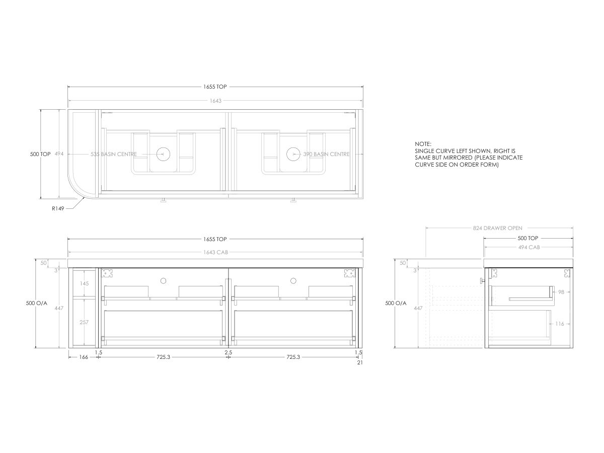 Kado Era 50mm Durasein Statement Top Single Curve All Drawer 1650mm Wall Hung Vanity with Double Basin