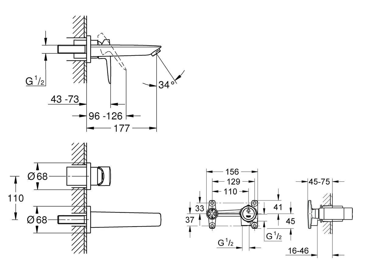 GROHE Bauedge New Wall Bath Mixer Kit Chrome from Reece