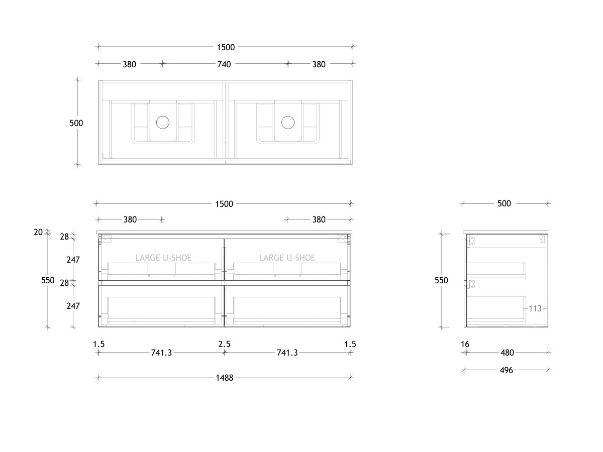 Technical Drawing - Posh Domaine All Drawer Twin 1500mm Wall Hung Vanity Double Basin 20mm Top